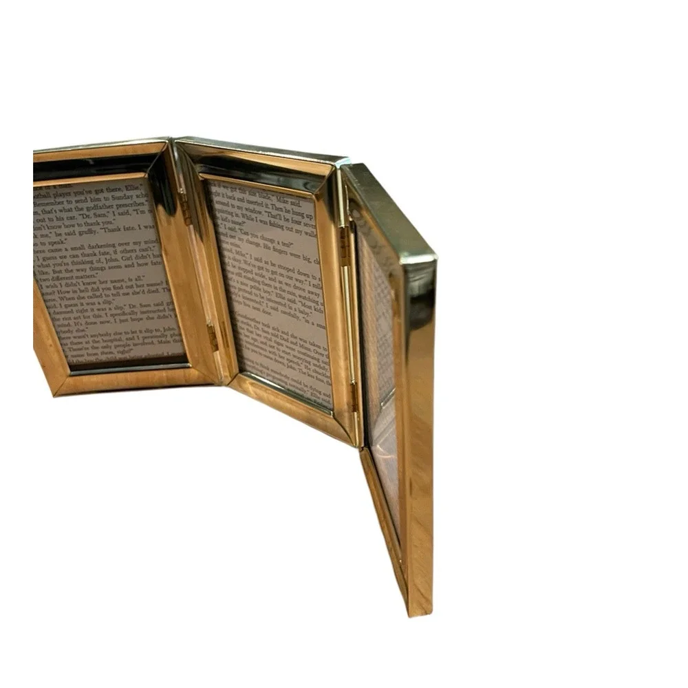 Vintage Gold Metal Tri-Fold Picture Frame | Holds Three 3x5 Photos | Minimalist